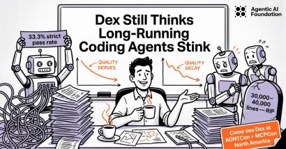 Cartoon illustration of robots struggling with code quality decay while a developer watches, titled "Dex Still Thinks Long-Running Coding Agents Stink"