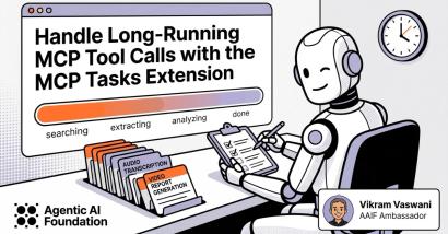 Robot with headphones checking off tasks at a desk with a progress bar showing searching, extracting, analyzing, and done stages.