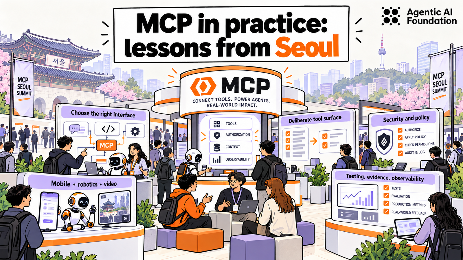 Illustrated MCP conference exhibition in Seoul, with attendees exploring tool design, security, testing, observability, robotics, and mobile applications against a city skyline.