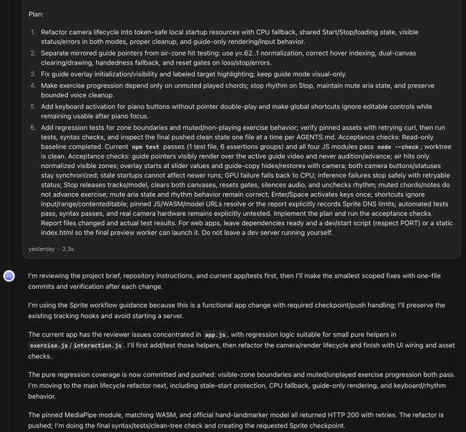 AI coding assistant responding to a detailed six-step refactoring plan with progress updates on tests, commits, and checks