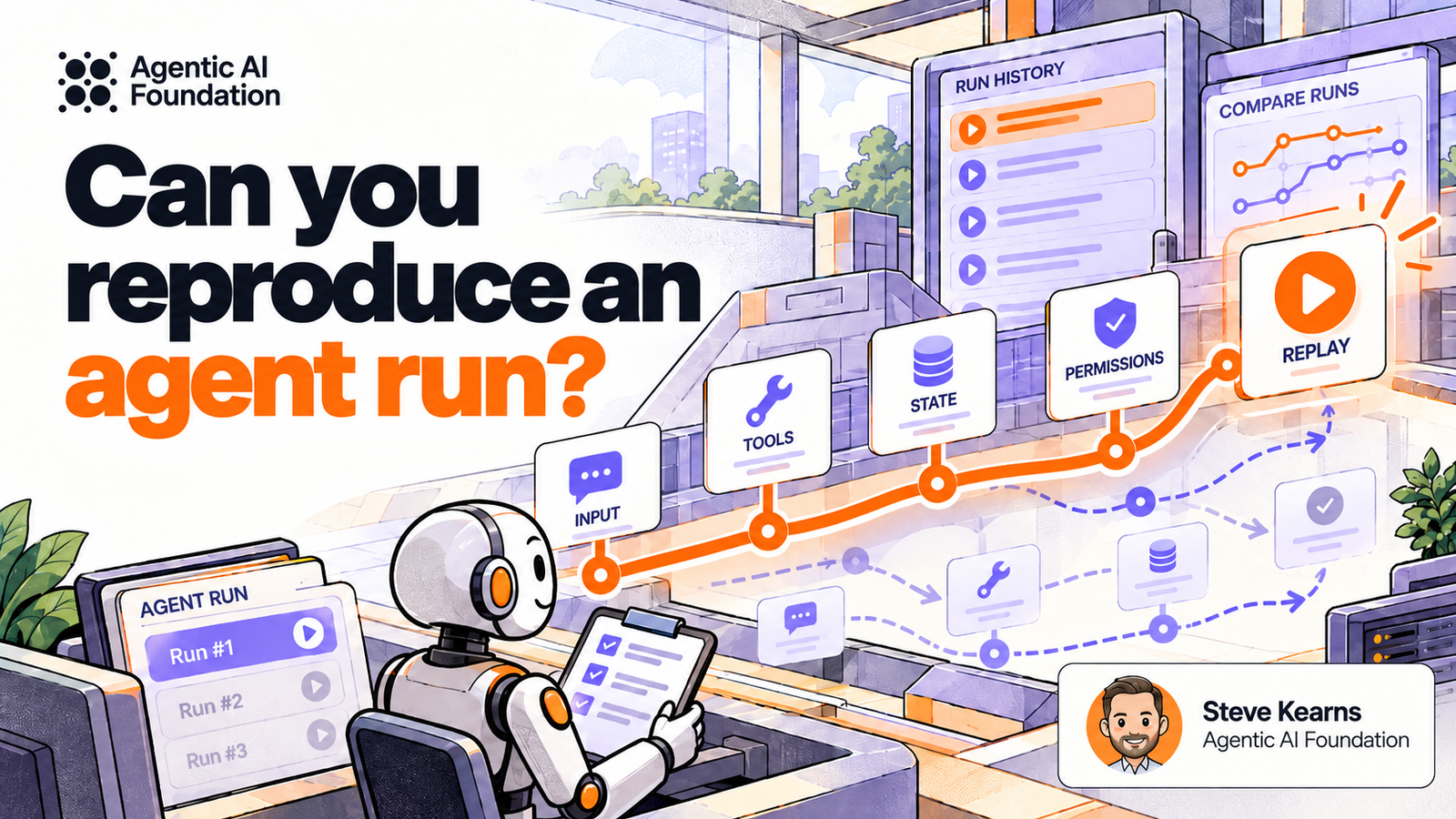 Illustration of a robot reviewing agent execution history, with connected workflow stages, branching paths, replay controls, and comparison dashboards.