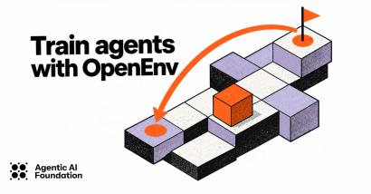 Isometric grid environment with an orange agent cube navigating toward a flag goal, titled "Train agents with OpenEnv" by Agentic AI Foundation.