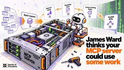 A small cartoon robot uses a screwdriver to repair an open MCP server, surrounded by diagrams illustrating batched requests, tool usage, documentation, and APIs.