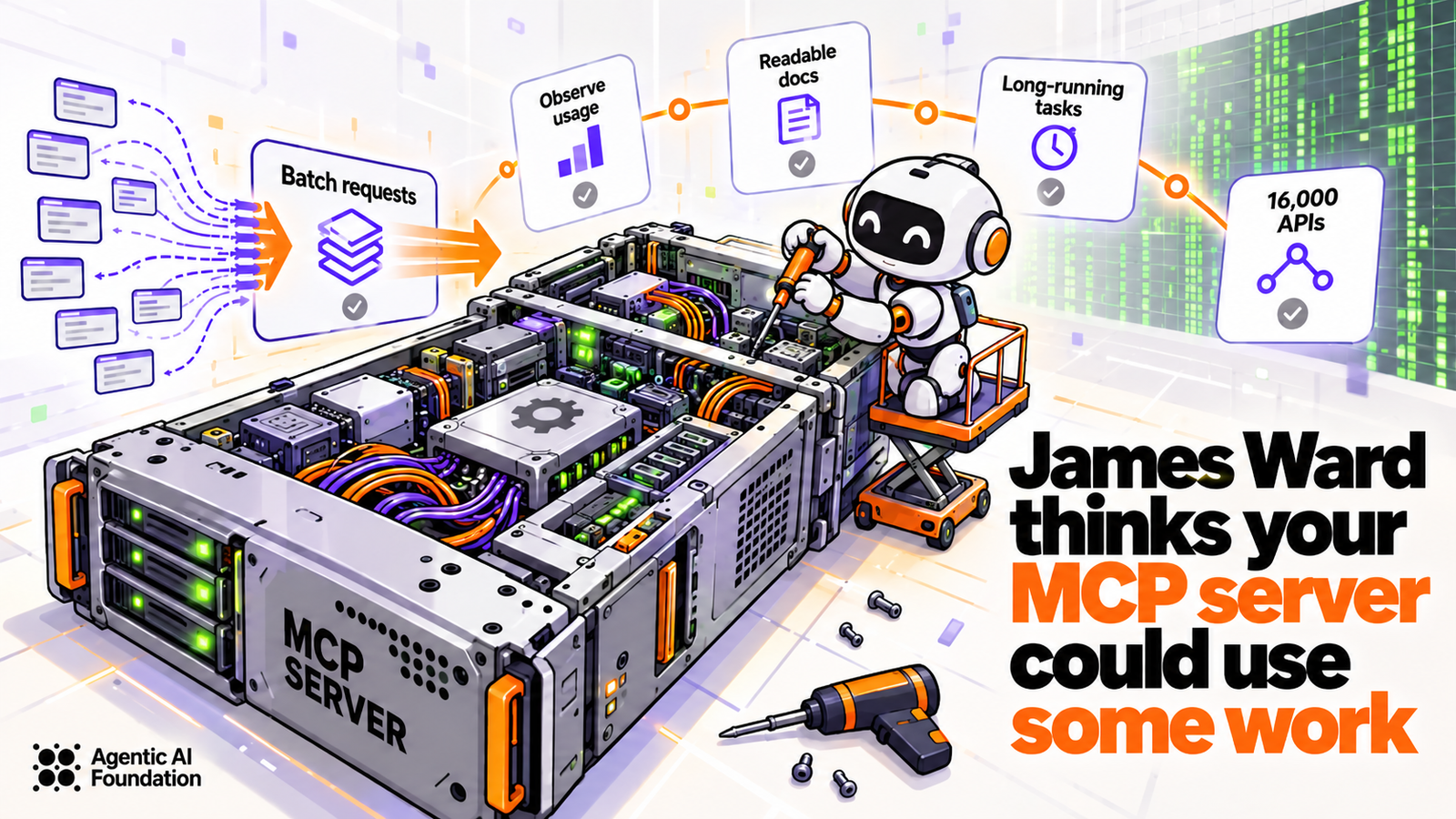 A small cartoon robot uses a screwdriver to repair an open MCP server, surrounded by diagrams illustrating batched requests, tool usage, documentation, and APIs.