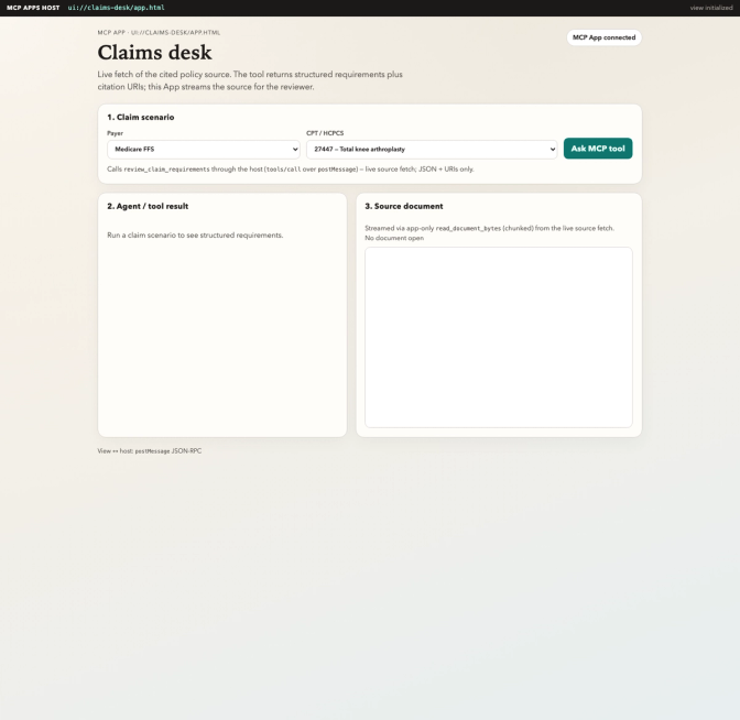 MCP Apps Host claims desk interface with payer and CPT code dropdowns, agent result panel, and source document viewer