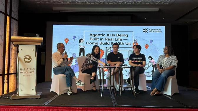 Five panelists seated on stage at an Agentic AI Foundation event at The Eton Hotel Shanghai discussing agentic AI.