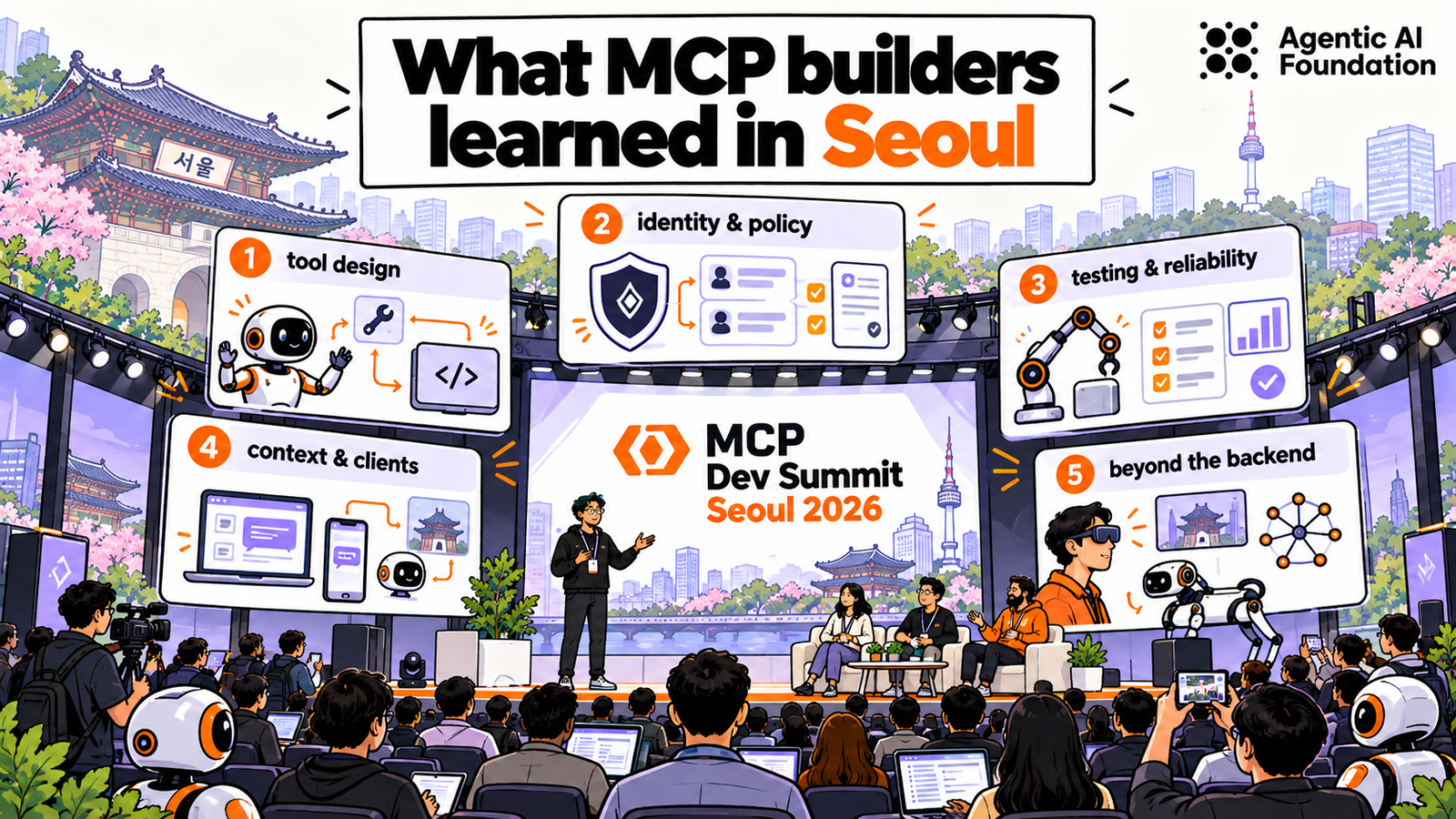 Illustrated conference stage in Seoul, with speakers, attendees, and five panels highlighting MCP tool design, identity, testing, client integration, and emerging applications.