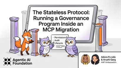 Illustration showing a fox and two purple owls near classical columns discussing "The Stateless Protocol: Running a Governance Program Inside an MCP Migration" with topics of permissions, audit, and lifecycle listed.