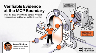 Illustration showing a person managing security protocols at the MCP boundary, with deprecated sticky routing systems on the right and W3C trace context integration below.