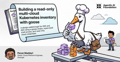 Illustrated blog header showing a cartoon goose wearing a chef hat stacking OKE and AKS blocks, with a recipe book and supervised shell access character nearby.