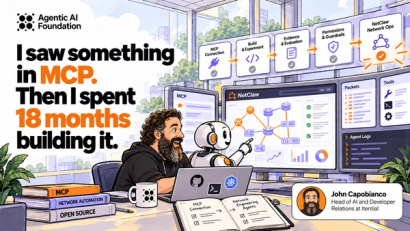 Illustration of John Capobianco working alongside an AI agent, surrounded by network diagrams, MCP tools, and NetClaw interfaces.