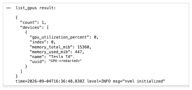 Terminal output showing list_gpus result with a Tesla T4 GPU, 15360 MiB total memory, and 0% utilization