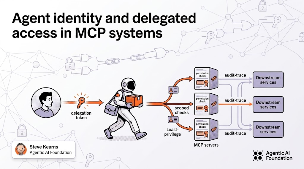 Illustration showing a user passing a delegation token to an AI agent, which carries scoped permissions through MCP servers to downstream services, with permission checks and audit traces along the path.