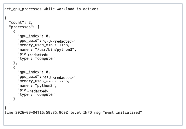 JSON output of get_gpu_processes showing two Python3 compute processes on GPU index 0 with memory usage details