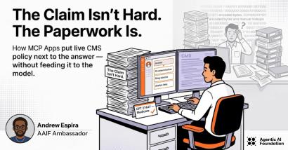 Illustrated blog header showing a person at a desk using MCP apps to access live CMS policy data, contrasted with manual paperwork struggles.