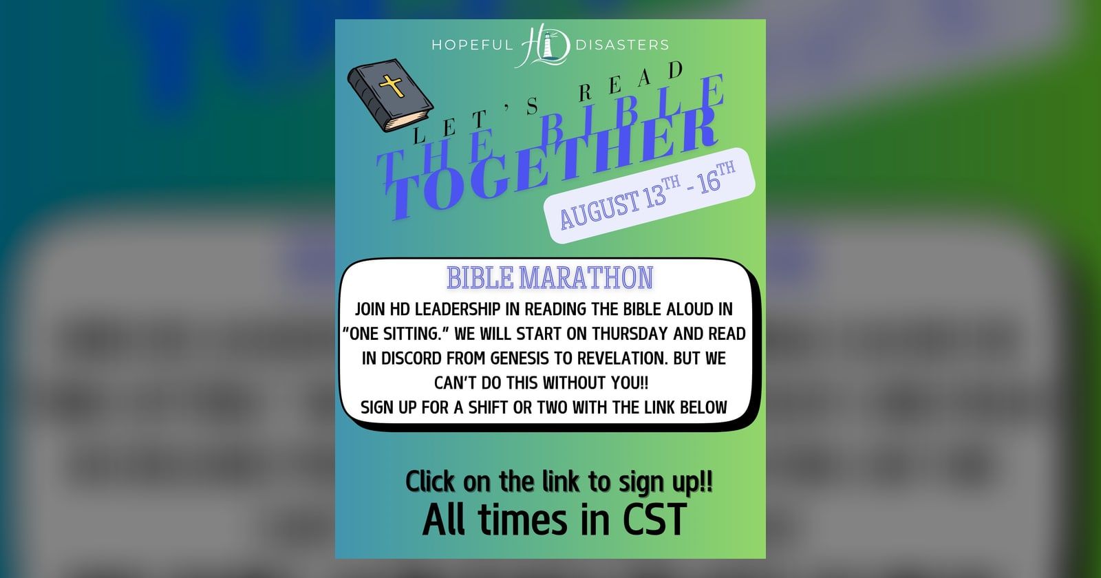 Let’s Read the Bible Together — Bible Marathon flyer, August 13–16