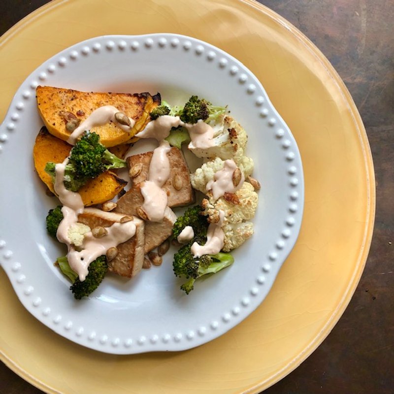 Sheet-pan Tofu, Broccoli, Cauliflower, Butternut Squash with Tahini Sauce