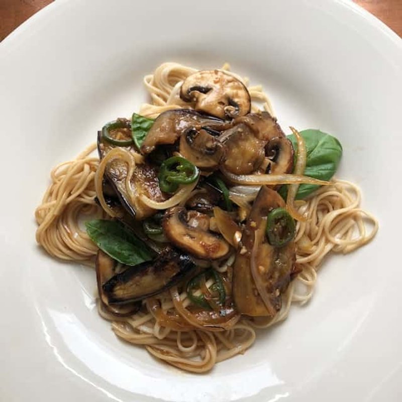 Charred Eggplant and Crimini with Basil over Udon