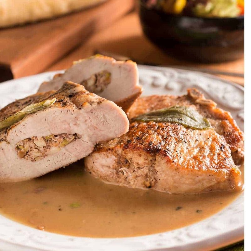 Cherry, Walnut, and Cornbread Stuffed Pork Chops
