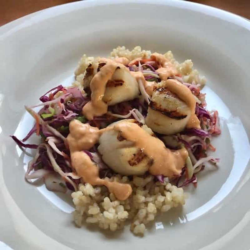 Grilled Sea Scallops with Sambal Ginger Mayo and Slaw