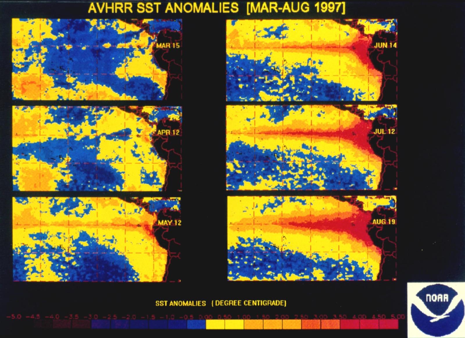 Mapa de anomalías de la temperatura del mar en el Pacífico durante el fuerte El Niño de 1997, con aguas más cálidas de lo normal frente a Sudamérica