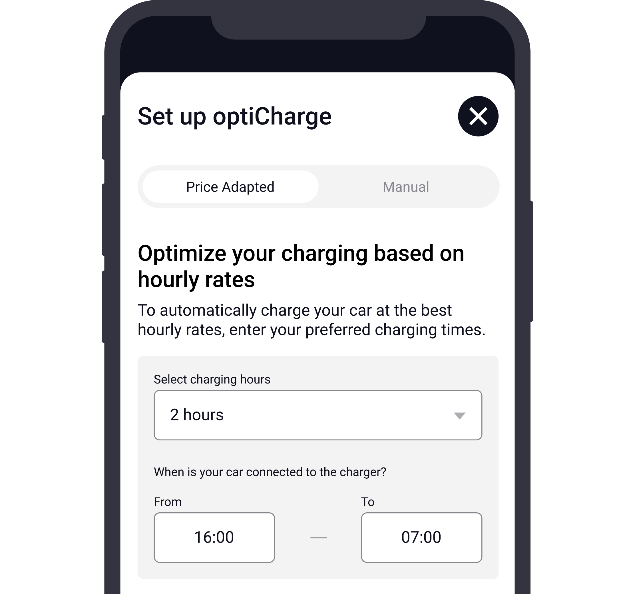 App that shows how to charge the car at a lower cost by choosing times with low electricity prices.