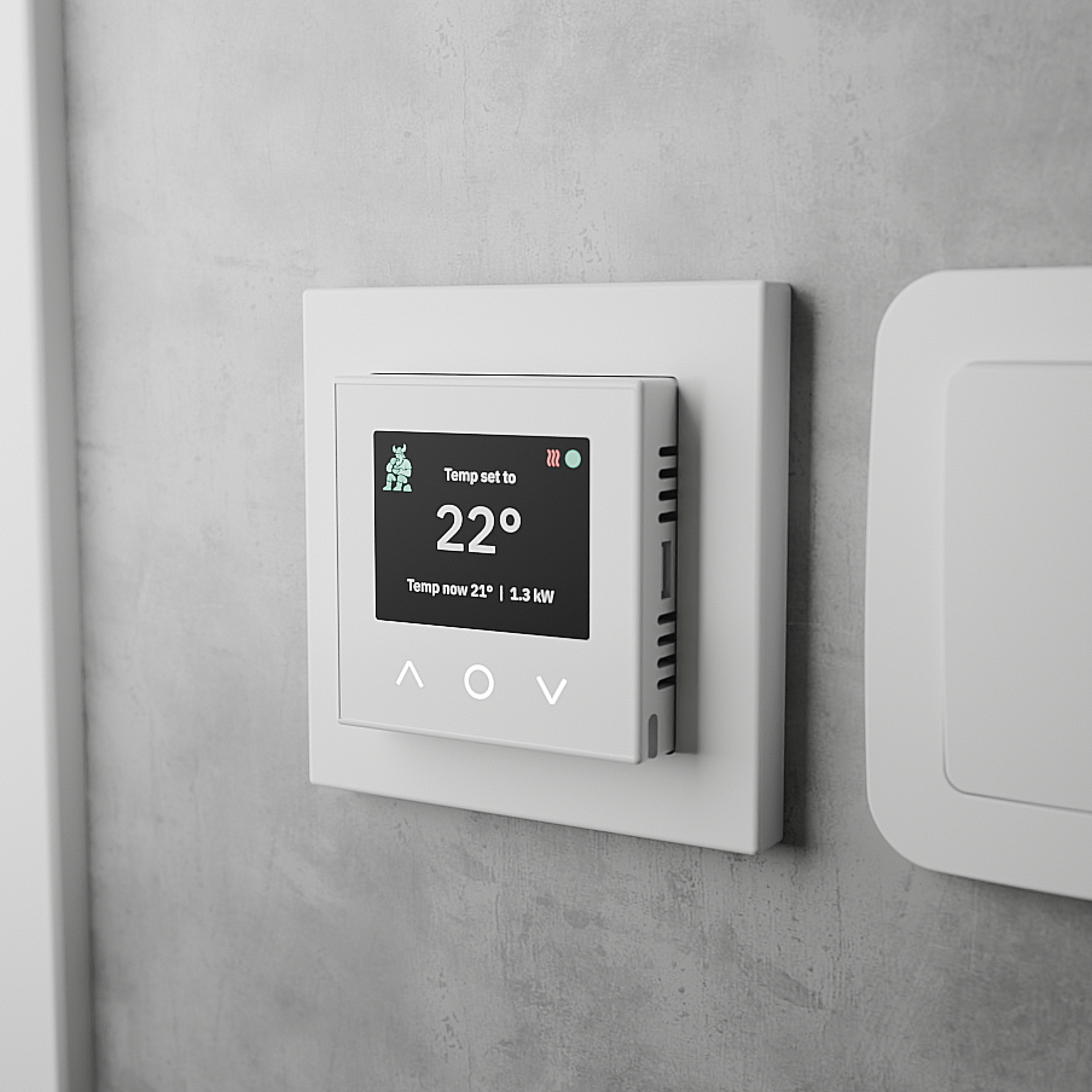 Perific Floor mounted on a grey concrete wall in a regular home next to a regular light switch.