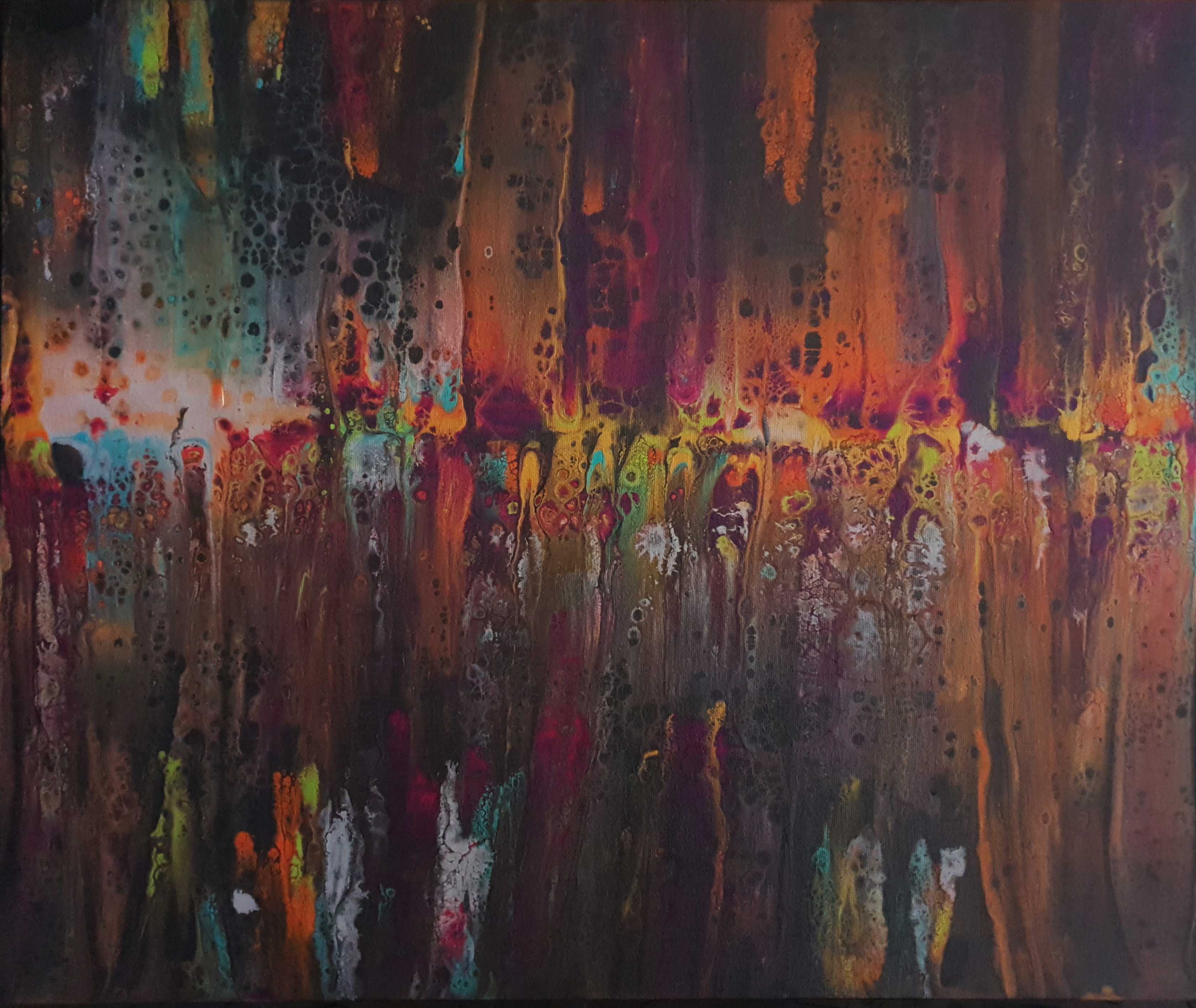 Abstract artwork of festive lights across a lake