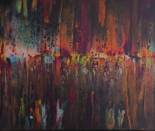 Abstract artwork of festive lights across a lake