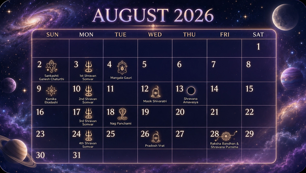 August 2026 Monthly Panchang & Hindu Festival Guide: Sacred Vrats, Tithis, and Observances