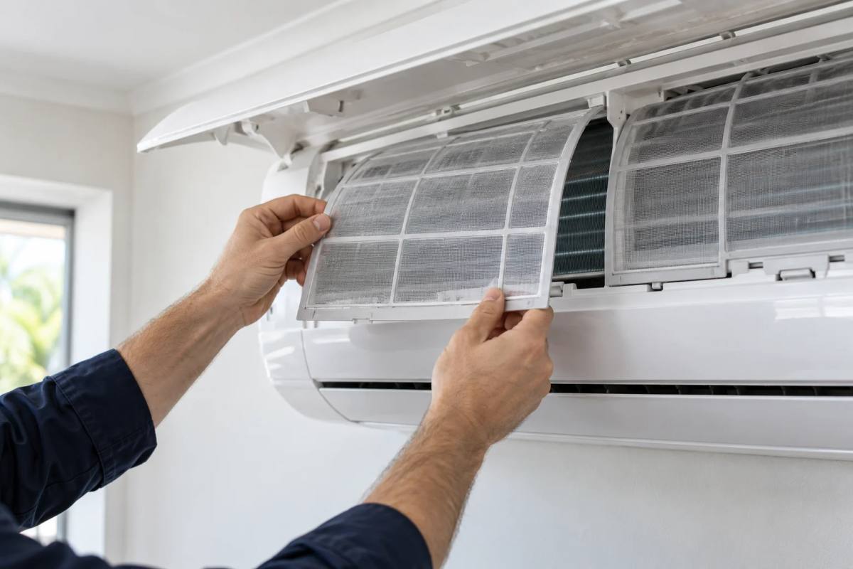 Hands removing a mesh filter from a wall-mounted split-system air conditioner for cleaning.