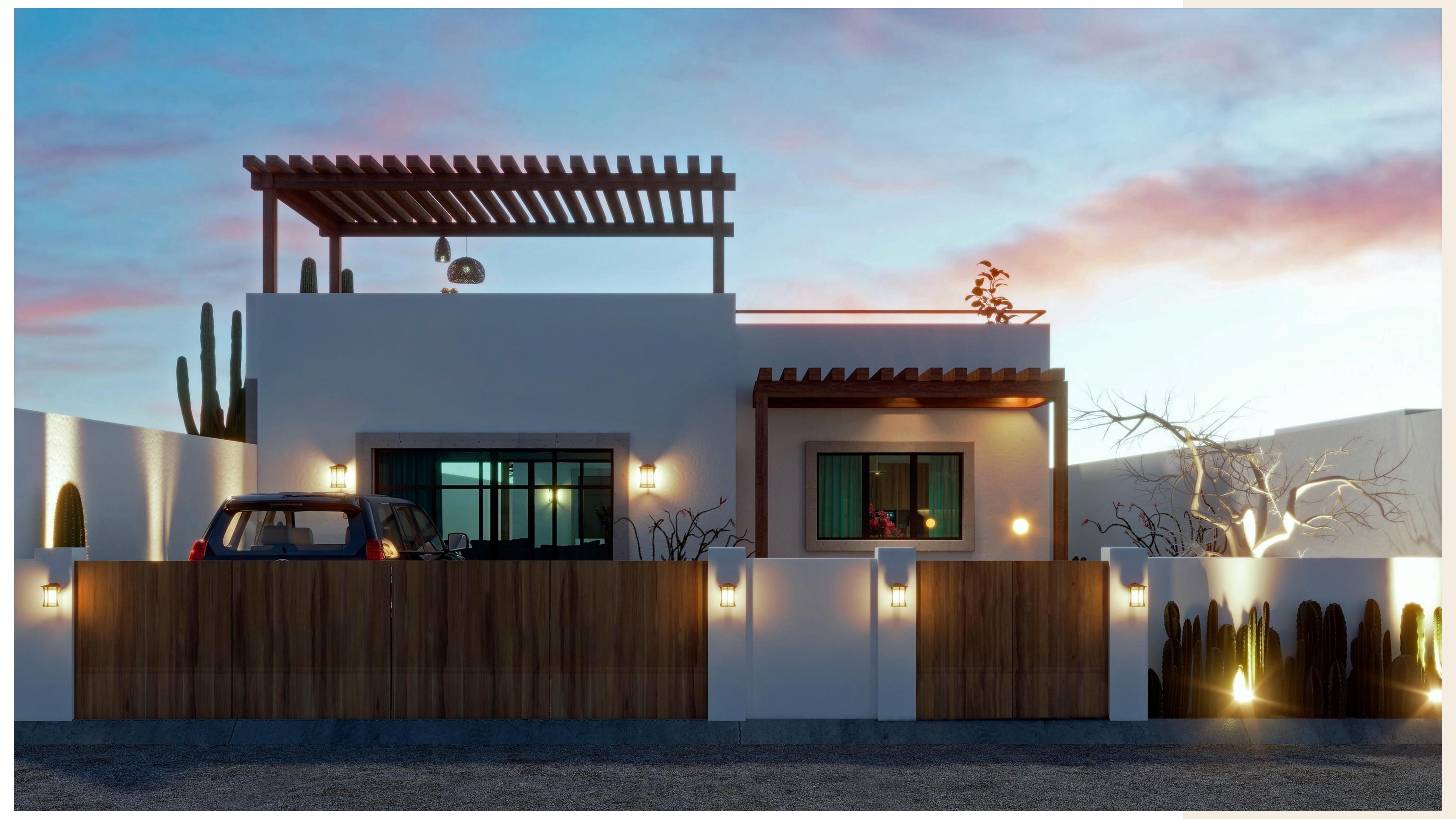 Cielo Azul Residencial — fachada frontal al atardecer