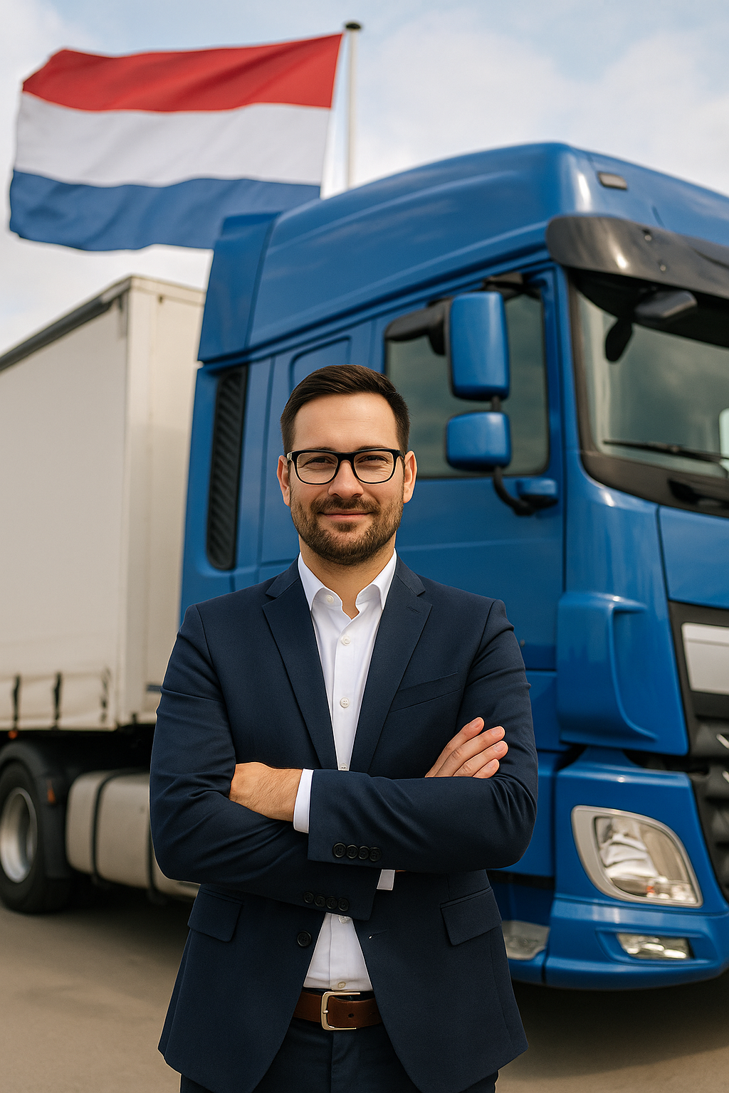 Mężczyzna w garniturze przed nowoczesną niebieską ciężarówką DAF i flagą Holandii – profesjonalne usługi transportu towarów do Holandii.