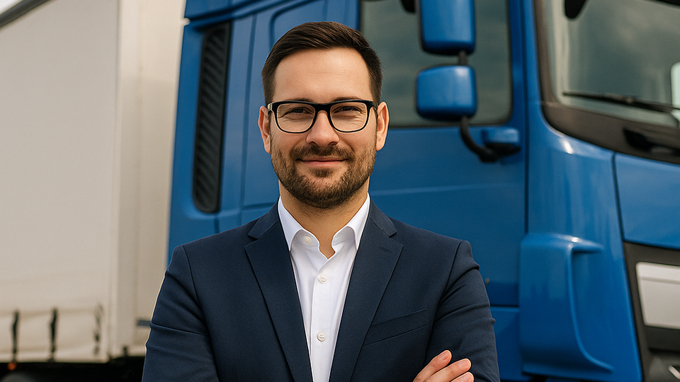 Mężczyzna w garniturze przed nowoczesną niebieską ciężarówką DAF i flagą Holandii – profesjonalne usługi transportu towarów do Holandii. Mężczyzna w garniturze przed nowoczesną niebieską ciężarówką DAF i flagą Holandii – profesjonalne usługi transportu towarów do Holandii.