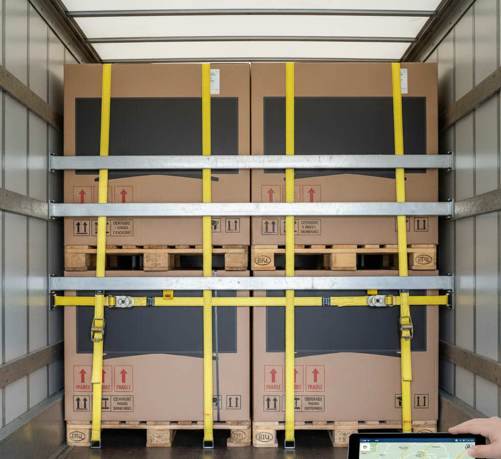 Profesjonalne zabezpieczenie pasami palet z telewizorami wewnątrz naczepy ciężarowej podczas transportu międzynarodowego.