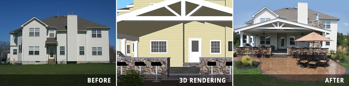Before, 3D Rendering, and After images of a completed landscape design project