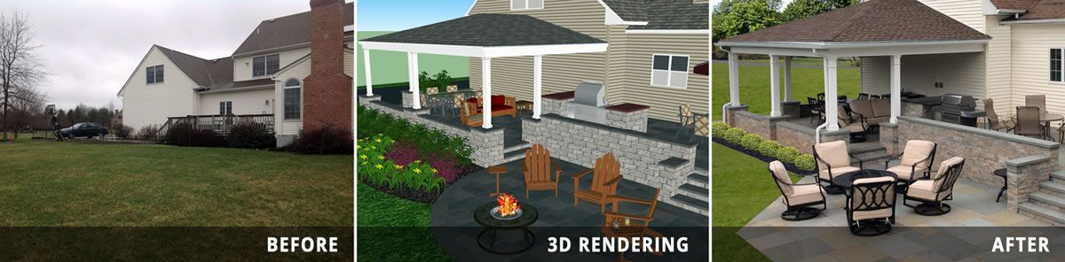 Before, 3D Rendering, and After images of a completed landscape design project