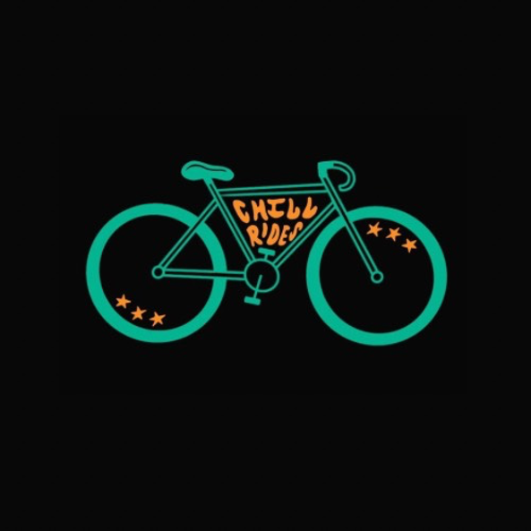 Cartoon image of green bicycle on black background with yellow text in the middle that reads "CHILL RIDES".