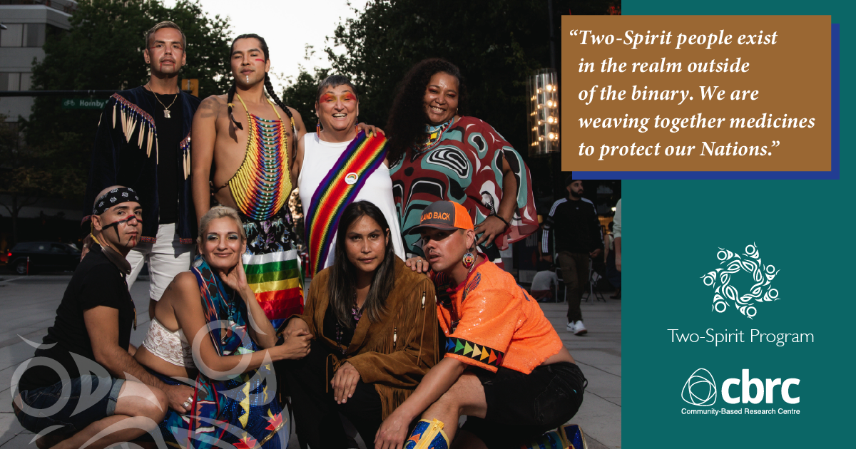 Group of 8 people facing camera. Caption reads, "Two-Spirit people exist in the realm outside of the binary. We are weaving together medicines to protect our Nations."
