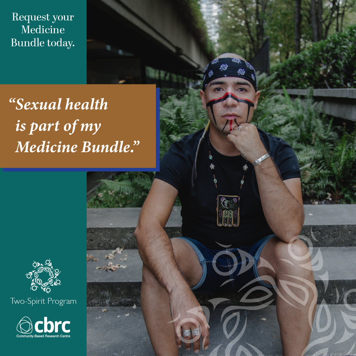 Person sitting facing the camera. Caption in left corner reads, "sexual health is part of my Medicine Bundle." 