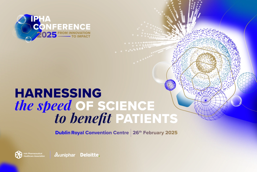 Blue and gold coloured graphic showing the tagline "HARNESSING the speed OF SCIENCE to benefit PATIENTS", sponsors, location and time of the event.
