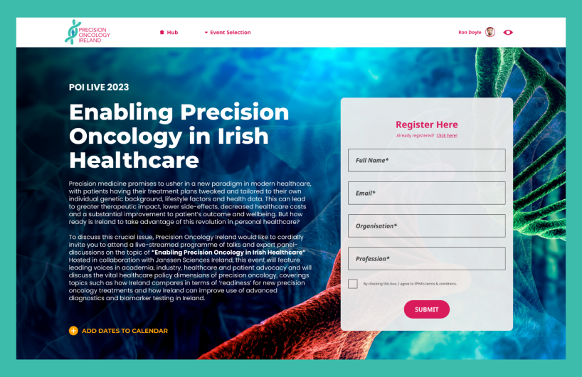 View of registration page for healthcare event