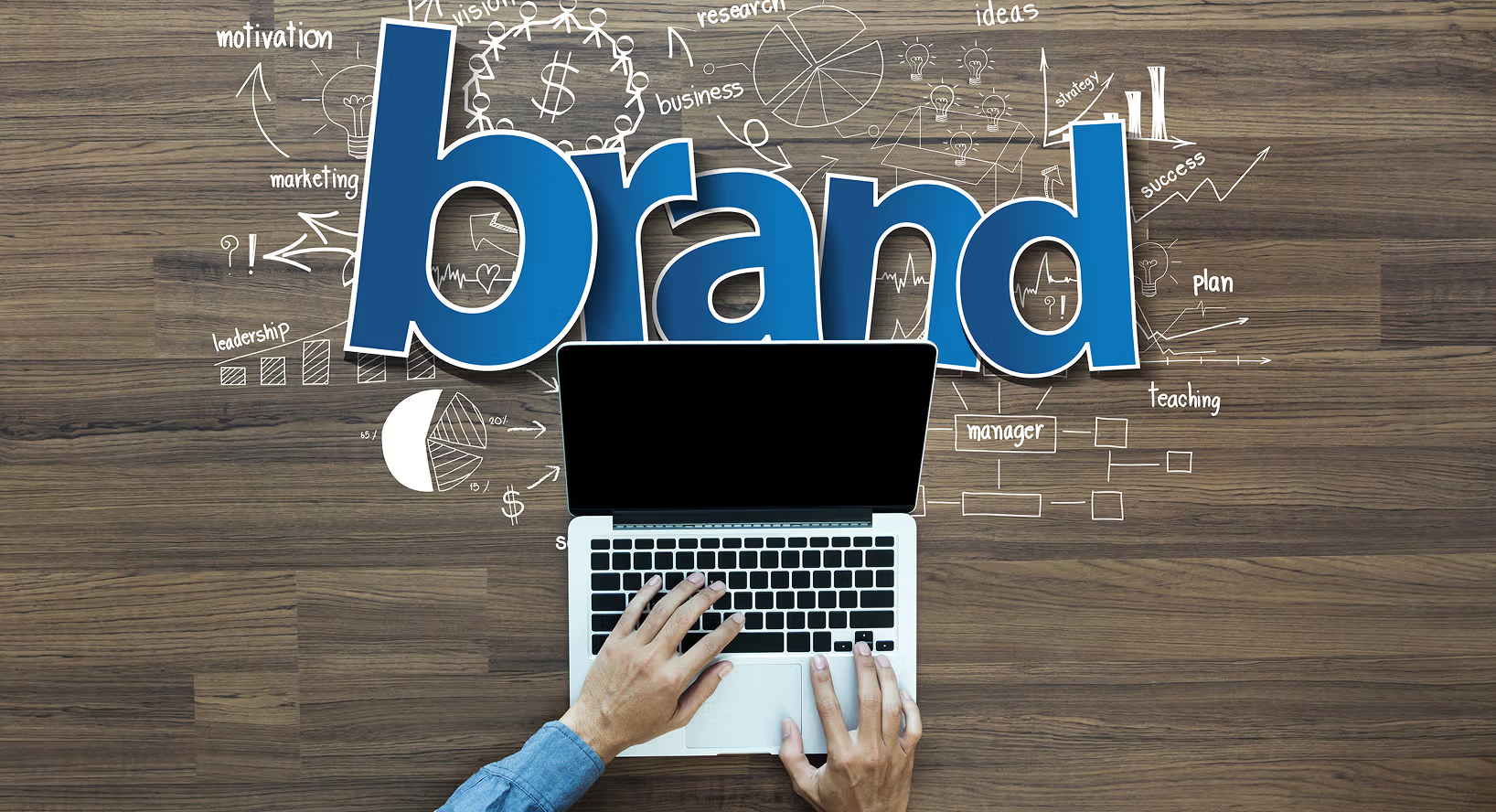 person on computer with the word brand above it
