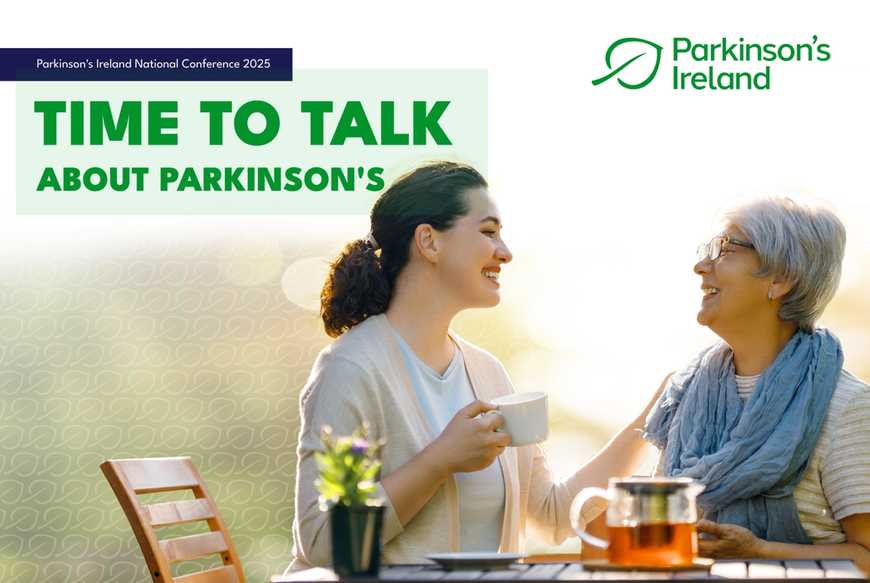 Two women sitting outdoors at a table drinking tea, younger brunette woman smiling with arm on older woman's shoulder, overlaying the image is the event tagline "Time to Talk About Parkinsons"