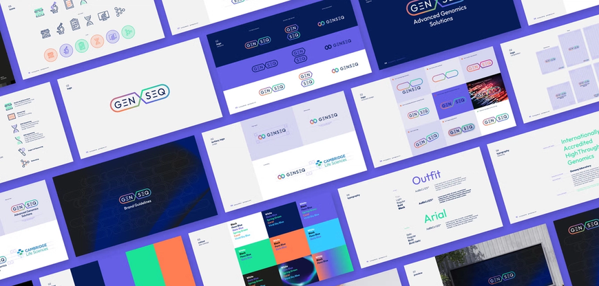 Multiple artboards of the branding and design for Genseq showing fonts, colours and logo