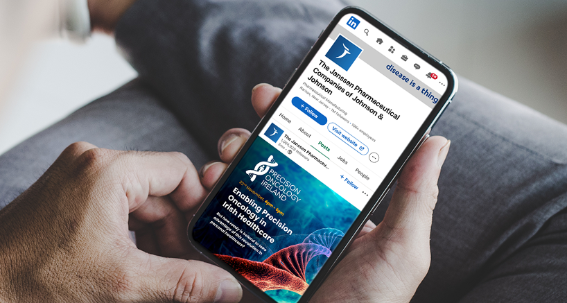 View of mobile in hands showing the advertisement of a healthcare event