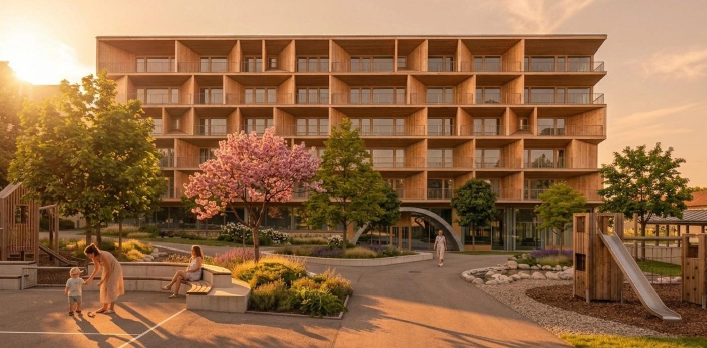 Boligbygg i tre med hage og lekeplass i kveldssol på Byhøyden