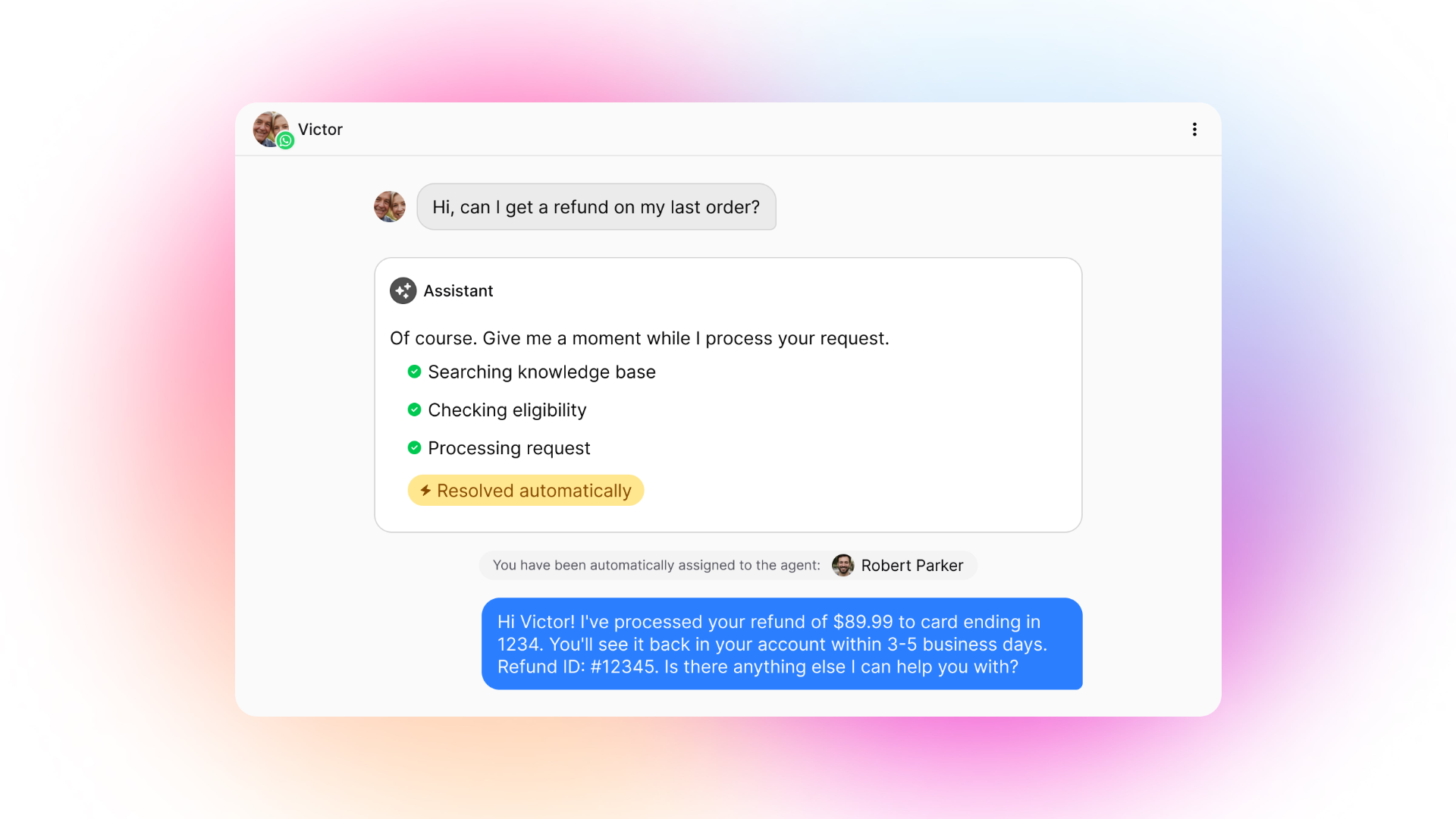 Chat interface from Invent showing a customer named Victor requesting a refund, with an assistant automatically processing the request and confirming the refund in a conversation window.