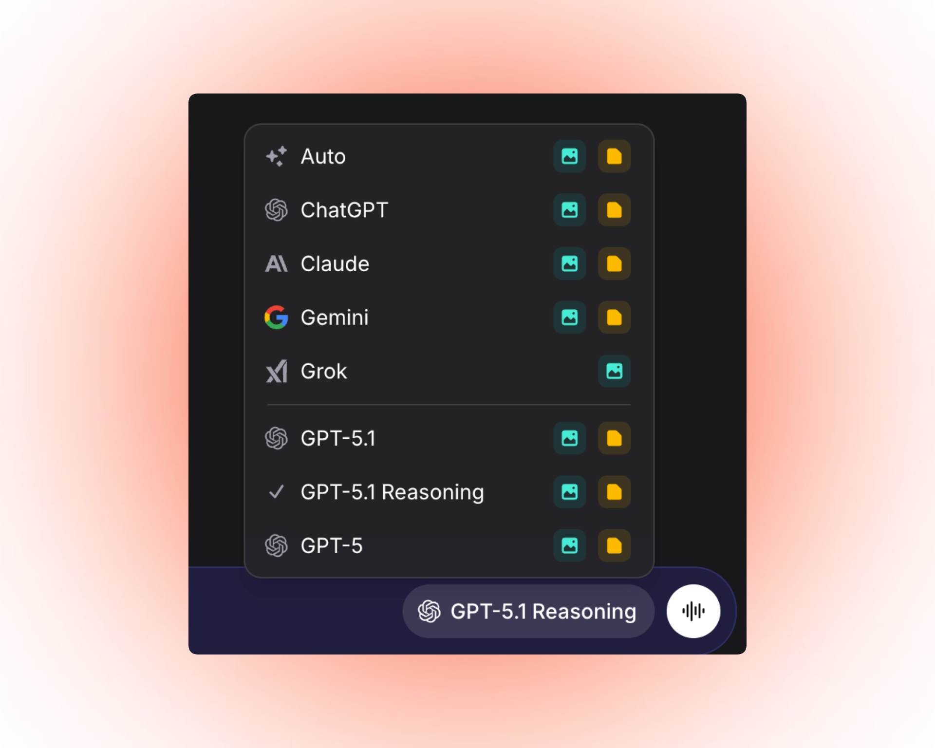 Model selection menu in a chat interface showing options including Auto, ChatGPT, Claude, Gemini, Grok, GPT‑5.1, GPT‑5.1 Reasoning (selected), and GPT‑5, with icons indicating image and file capabilities.