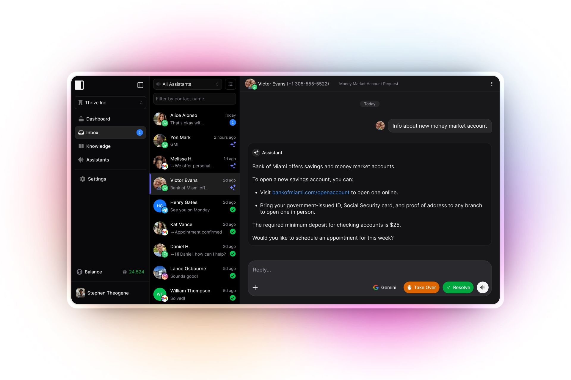 Invent Inbox dashboard in dark mode, displaying a seamless conversation between a customer and an AI assistant. The chat shows the assistant providing detailed banking information and a link for opening an account. Multiple customer service channels (WhatsApp, Telegram, Gmail) are shown alongside team contacts.